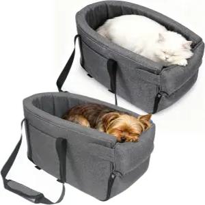 소형 개 및 고양이 카시트 탈착식 시트 콘솔 핏 조절 가능한 스트랩 수납 포켓 클립온 목줄 15파운드