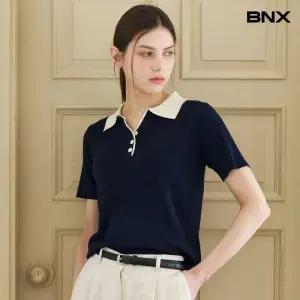 BNX 심플 반버튼 카라 배색 반팔 니트 BY2KP007L0 국내매장판 1722401