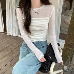 여성 모던 시스루 주름 슬림핏 티셔츠 TDN-0093