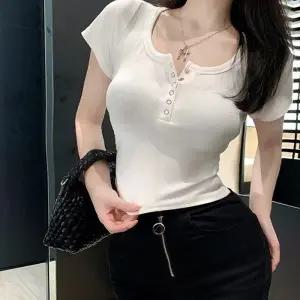 여성 내추럴 모던 크롭 단추 반팔 TDN-0046