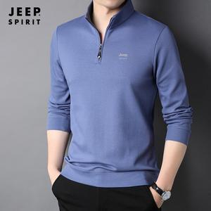 JEEP SPIRIT 남성 면소재 긴소매 카라티 봄 가을 지퍼 캐주얼 티셔츠