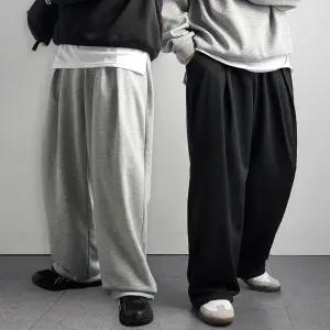 [국내제작] 리얼타임 딥핀턱 벌룬핏 와이드 스?팬츠/ 남자 트레이닝 스웨트 스트링 커브드 조거 통 큰 넓은 츄리닝 바지 커플 학생 [3c