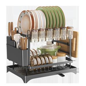 2단 스테인리스 스틸 식기 건조대(식기구 홀더 도마 슬롯 배수판 포함) - 주방 조리대용 블랙