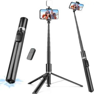 리모컨 및 충전 조명이 있는 68인치 휴대폰 삼각대 셀카봉 자동 개방형 스탠드 비디오 녹화 여행