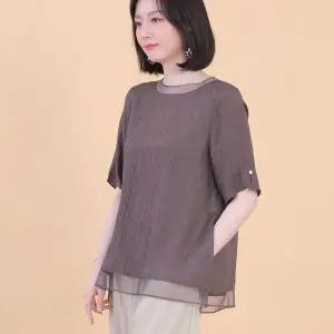 애비뉴투지 엄마옷 링클 인견 망사 라운드 진주 여성 여름 반팔 단색 블라우스 B08