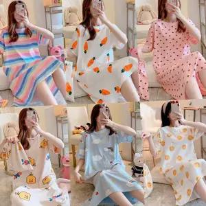 여성 반팔 잠옷 프린팅 귀여운 면롱 여성 원피스 잠옷 여름