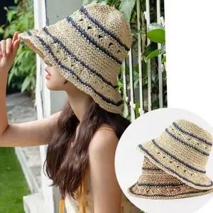 여성 라피아 모자 접이식 휴양지 여름 스트라이프 밀짚 모자 바캉스