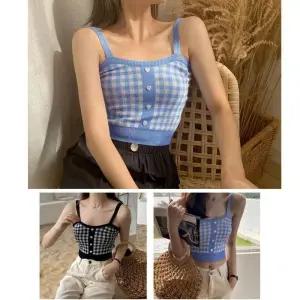 [오노마] ONM 러블리 체크패턴 하트페이크단추 여성 체크 크롭 나시