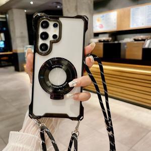 호환 삼성 호환제품 호환 S24 울트라 S26 삼성 호환제품 호환 S25 FE S23 플러스 A17용 네 모서리 스트랩 케이스, 마그네틱 스탠드, 크로스바디 랜야드 커버