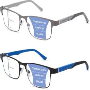 ZERPEET 2팩 남성용 프로그레시브 다초점 독서 안경 금속 프레임과 스프링 힌지 실리콘 템플 블루 라이트