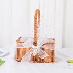 HBJWOV 손으로 짠 보관 바구니 크리에이티브 플라워 가든 피크닉 과일 선디스 정리함 휴대용 (22cm*12cm)