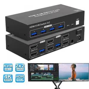 HDMITODVI 듀얼 모니터 HDMI 20 KVM 스위치 디스플레이 포트 USB 30 PC용 2 in out 2X2 4k 60Hz
