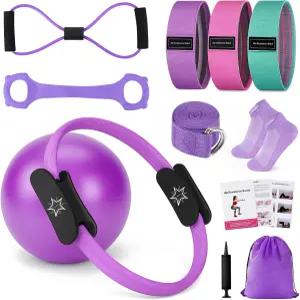 무루루 필라테스 장비 저항 밴드가 있는 홈 운동 링 키트 14인치 매직 서클 미니 볼 근력 토닝 및 유연성을