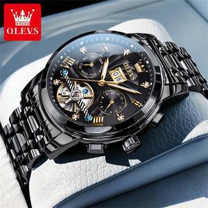 OLEVS 9910 남성용 시계 다기능 날짜 오토매틱 기계식 스테인리스 스틸 방수 문페이즈