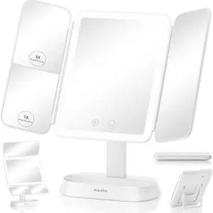 7배/5배/1배율의 조명이 있는 메이크업 미러 베니티 트리플 레드 3가지 색상 및 조절 가능한 밝기 360 회전