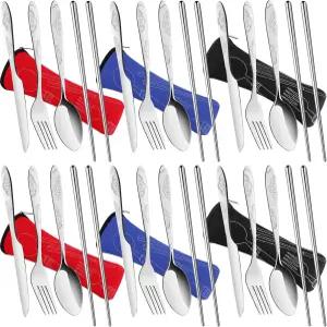 재사용 가능한 식기 세트 6팩 스푼 포크 나이프 젓가락 24개 휴대용 실버웨어 캠핑 피크닉 워킹 하이킹용