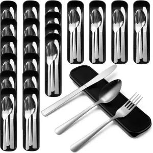 로희 20팩 여행 도구 케이스 스테인리스 스틸 휴대용 캠핑 커틀러 세트 벌크 포크 나이프 스푼 실버웨어