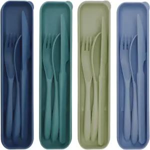 케이스 포함 Zoyiancy 재사용 가능한 식기 세트 휴대용 플라스틱 4종 여행 피크닉 캠핑 또는 일상용 포크