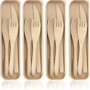 케이스 포함 4팩 여행 도구 세트 재사용 가능한 스푼 나이프 포크 식기 성인 피크닉 캠핑이나 생일 기념일