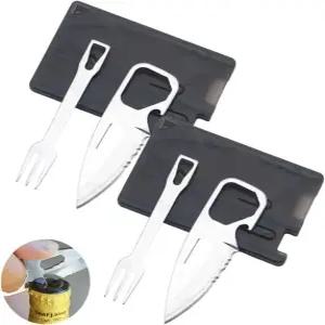 초소형 4-in-1 캠핑 멀티툴 카드 - 휴대용 스테인리스 포크 병따개 세트 하이킹 여행 및 야외 모험을 위한