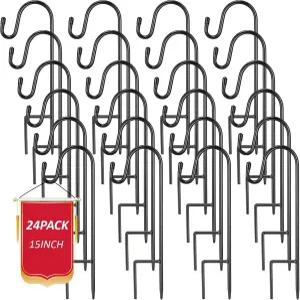 히카러 24팩 15인치 목자 후크 야외 식물 걸이 금속 블랙 가든 새 모이통 기둥 태양등 꽃바구니 항아리