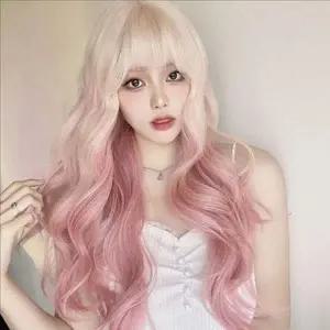 여성 핑크 가발 통가발 롱 웨이브 가발 앞머리 패션 헤어