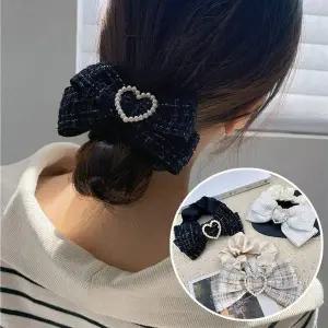 여성 헤어끈 하트 귀여운 트위드 리본 똥머리 곱창끈 헤어집게핀