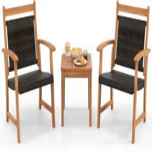 해피그릴 3피스 파티오 비스트로 야외 아카시아 나무 대화 세트 사이드 테이블 및 하드우드 구조의 위커