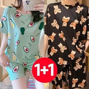 여성 반팔 반바지 여름 잠옷 세트 2개 베어카도블랙곰 (HSJ-WF5AC08)