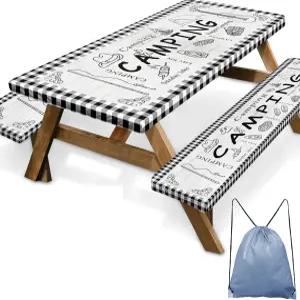 벤치 커버가 있는 브리튼 피크닉 테이블 농장 격자무늬 피팅 야외 파티오 캠핑 필수품 72인치 3PCS