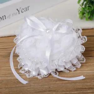 웨딩 링 베개 하트 박스 결혼식 베어러용 리본이 달린 화이트 로맨틱 레이스 진주 홀더 3.1 x3.5 x1.8