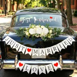 인조 꽃무늬 스웨그가 있는 갓 결혼한 자동차 웨딩 장식 키트 / 러브 사인 배너 및 부케 창문 데칼 신부