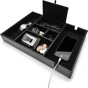 울트라 남성용 발렛 트레이 스탠드 정리함 엔트리 테이블 캐치 올 블랙 인조 가죽 상자 6칸