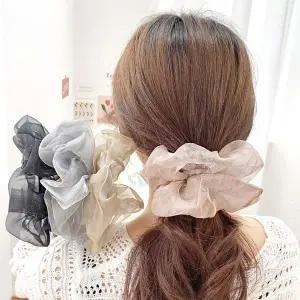 여자 귀여운 청순 펄 쉬폰 곱창 밴드 스크런치 헤어끈 아동머리끈