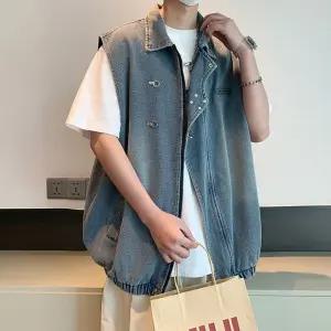 샤오원샵 남성용 청 데님 항공기 민소매 재킷 스타일 키작남 조끼 버클 패딩조끼 꾹5