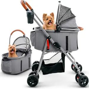 소형견 및 고양이용 반려동물 유모차 - 2-in-1 탈착식 캐리어 지퍼 없는 입구 수납 바구니가 있는 가벼운