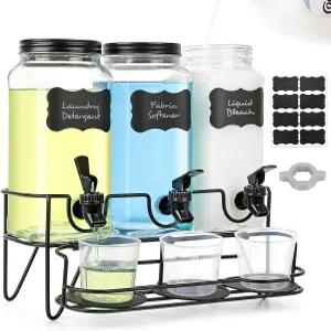 세탁실 정리용 2.2L 액체 세탁 세제 디스펜서 스탠드가 있는 유리 비누 계량컵 섬유 유연제 3종 세트
