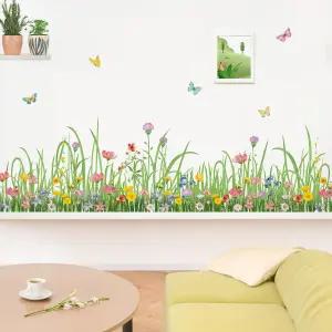 원더버 그린 그래스 플로럴 월 코너 스티커 야생화 나비 베이스보드 스킷팅 라인 데칼 거실용 W 62인치