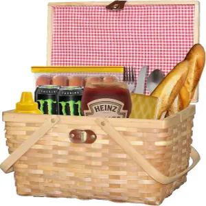 뚜껑과 이동식 손잡이가 있는 위커와이즈 깅엄 안감 우드칩 피크닉 바구니