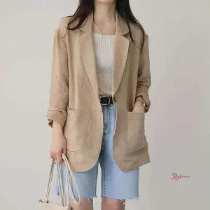여자 어깨패드 린넨 자켓 원버튼 루즈핏 깔끔한 긴팔ssu575