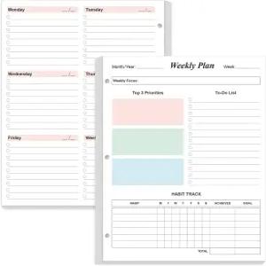 3구 주간 플래너 리필 - 53매/106페이지 컬러풀 링 바인더 3종 100gsm 백서 1년 지속 날짜 미정 8.5인치 x