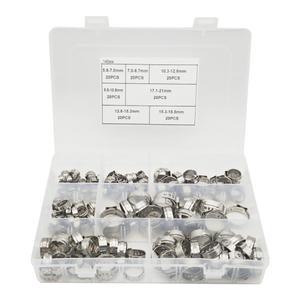 140개 7-21mm 304 스테인리스 스틸 싱글 이어 스텝리스 호스 클램프 키트 물 파이프 클립 링 밀봉용 크림프