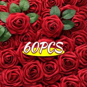 60/5PCS 인공 장미 꽃 DIY 웨딩 부케 빨간 벨벳 거품 발렌타인 어머니의 날 선물 파티