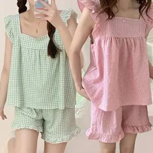 여성 여름 프릴 민소매 반바지 귀여운 잠옷 세트 (HSJ-WF10534)