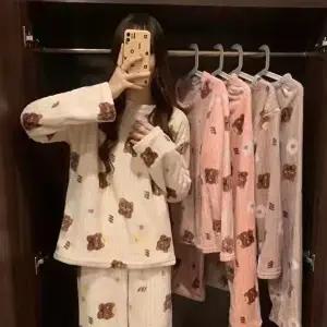 여자 골지 곰돌이 수면잠옷 극세사 포근 잠옷 세트 (HSJ-WE1258C)