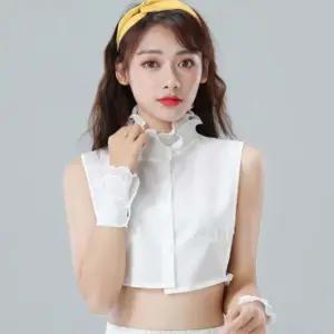 여자 플리츠 레이스 하이넥 페이크카라 넥케이프 이너