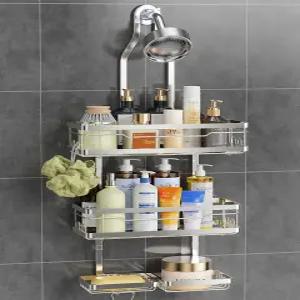 오마이라 샤워 캐디와 비누 스크럽 홀더 스테인리스 스틸 조절 가능한 드릴링 없음 미끄럼 방지 대용량