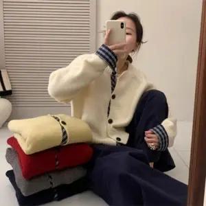 포인트 체크 클래식 버튼 니트 가디건 LED-BM-240