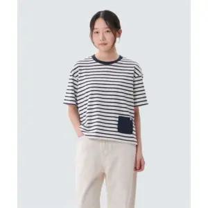 스노우피크어패럴 코튼 여성 스트라이프 세미크롭 반팔 티셔츠 S25MWFTS69 Navy 469207