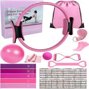 가정용 카브콘 필라테스 키트 여성 초보자용 운동 필수품 세트 13인치 링 9.8인치 볼 저항 밴드 및 가이드